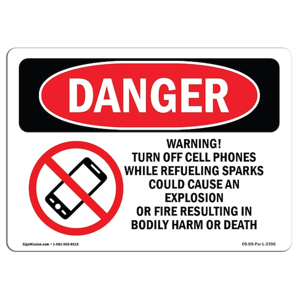 Safety Sign, OSHA Danger, 3.5" Height, Warning! Turn Off Cell Phones, Landscape, 10PK